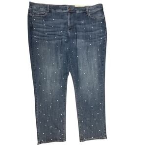 St Johns Bay 24W Jeans Blue Denim Faux Pearl Beads Straight Leg Secretly Slender